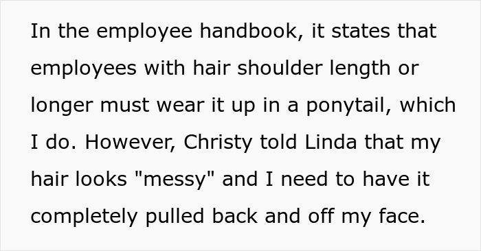 Screenshot of text detailing employee handbook rules and a managers comment about messy hair and her job.