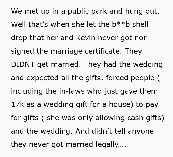 Text revealing bride never legally married despite wedding and gifts