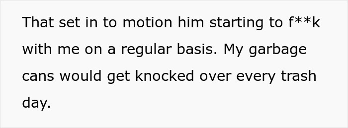 Screenshot of text describing ongoing petty acts by a neighbor, leading to future revenge with beetles.