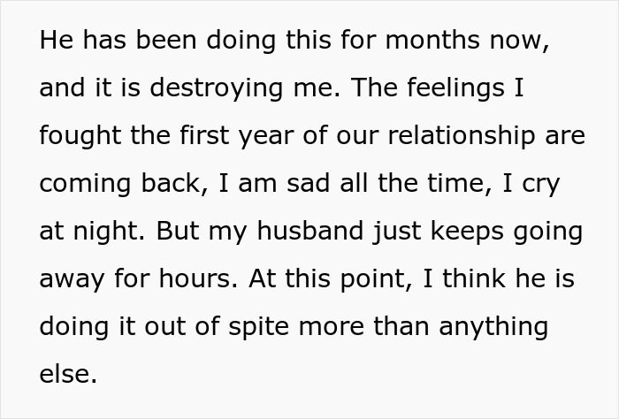 Text detailing the pregnant woman's emotional distress as her husband grieves his late ex and disappears for hours. Text detailing the pregnant woman's emotional distress as her husband grieves his late ex and disappears for hours.