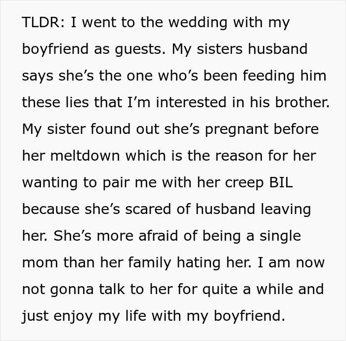 Text summarizing a wedding event and family conflicts involving a creepy brother-in-law Text summarizing a wedding event and family conflicts involving a creepy brother-in-law
