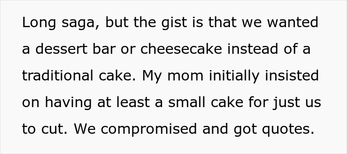 Text explaining desire for dessert bar over traditional wedding cake Text explaining desire for dessert bar over traditional wedding cake