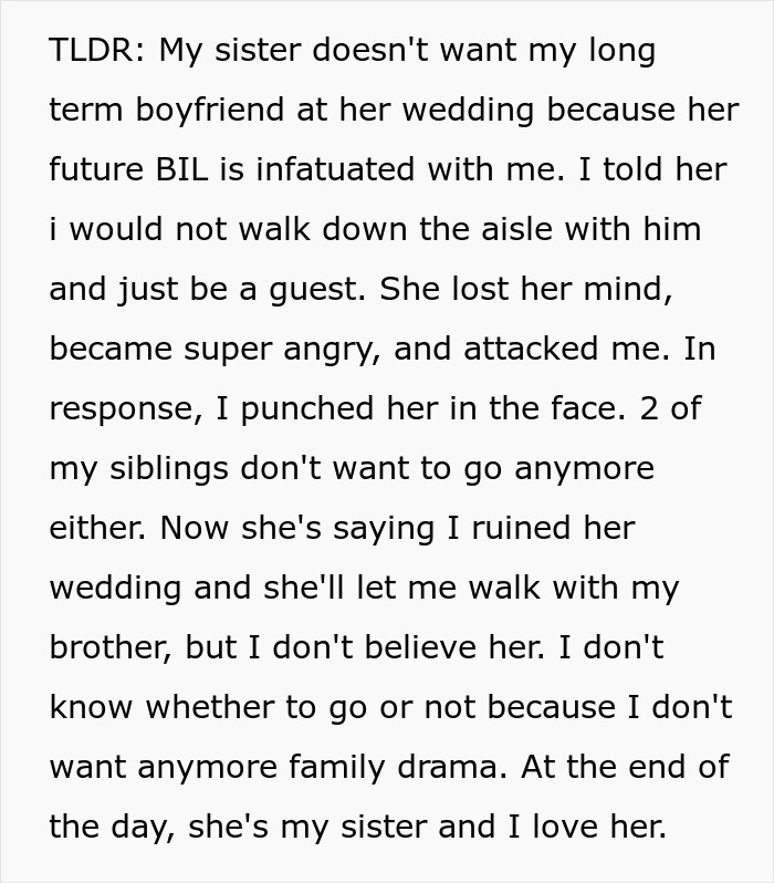 Text describing family conflict and sister's wedding issues Text describing family conflict and sister's wedding issues