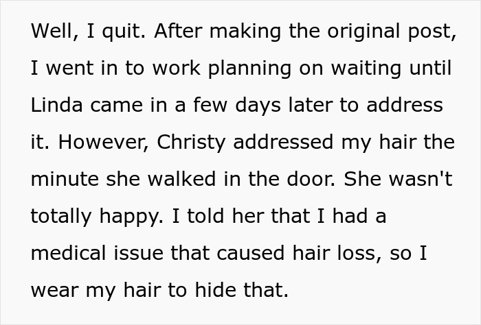 Text describing the woman quitting her job after being confronted about her messy hair and a medical issue causing hair loss.