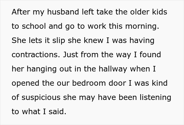 Text snippet: She lets it slip she knew I was having contractions. A pregnant woman suspects her MIL is listening.