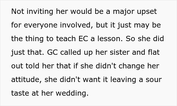 Text explaining how the sister told the entitled woman her attitude would ruin the wedding.