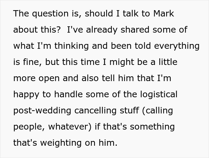 Discussion about talking to Mark regarding wedding and relationship concerns Discussion about talking to Mark regarding wedding and relationship concerns