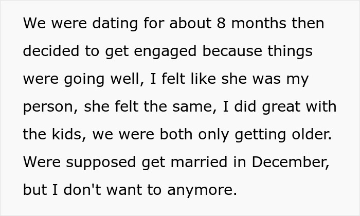 Screenshot of text discussing a man's relationship with his fiancée and why he doesn't want to get married. Screenshot of text discussing a man's relationship with his fiancée and why he doesn't want to get married.