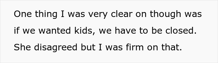 Screenshot of text where a man states his firm condition for an open marriage regarding having kids. Screenshot of text where a man states his firm condition for an open marriage regarding having kids.