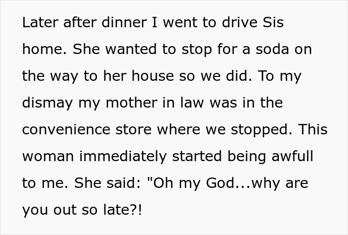 Text snippet describing an encounter with the MIL at a convenience store, setting up the sister's meow comeback. Text snippet describing an encounter with the MIL at a convenience store, setting up the sister's meow comeback.