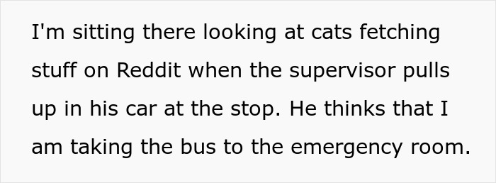 Text about a supervisor thinking a bus ride is for an emergency room visit after an allergy lie.