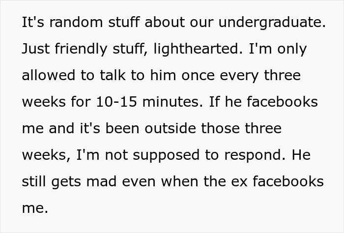 Screenshot detailing a GF's life with ridiculous rules from a jealous toxic guy, leading to him being single.
