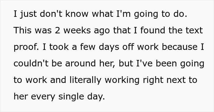 Woman struggles with working alongside her husband's affair partner after discovering text proof. Woman struggles with working alongside her husband's affair partner after discovering text proof.