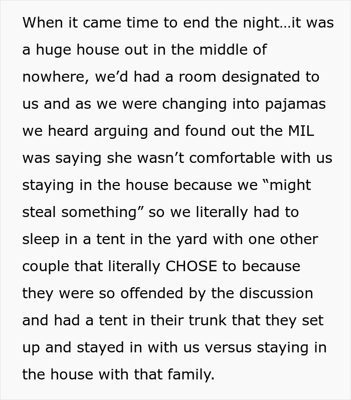 Text explaining how the racist family forced guests to sleep in a tent, suspecting them of theft. Text explaining how the racist family forced guests to sleep in a tent, suspecting them of theft.