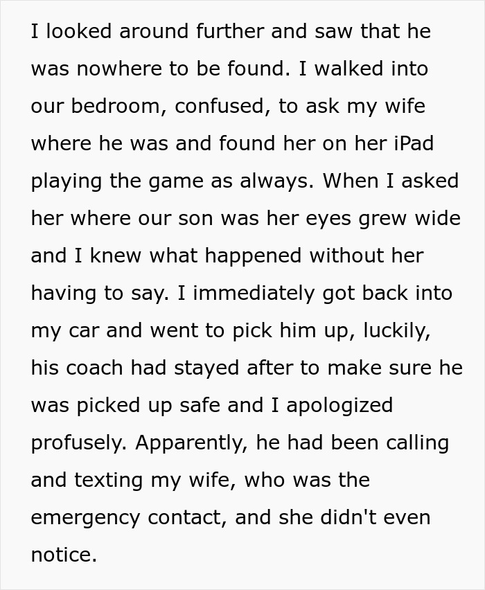 Text outlining a husband's discovery of his wife's gaming problem, affecting their son's pickup from sports.