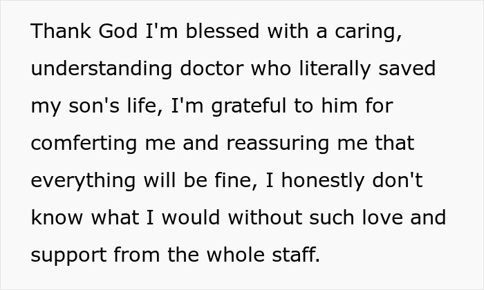 Text expressing gratitude for a doctor who saved a grandson's life after an entitled MIL gave him carbs instead of insulin.