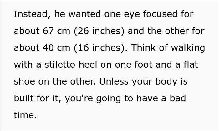 Customer requests different focus distances for each eye and potential issues