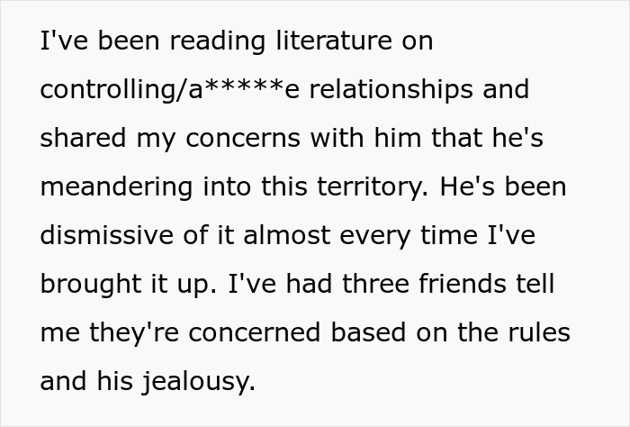 Text about concerns over a toxic guy's controlling behavior, jealousy, and dismissive attitude towards feedback.