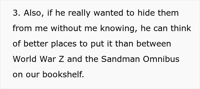 A screenshot of text detailing a poor hiding place for items, implying a husband's double life.