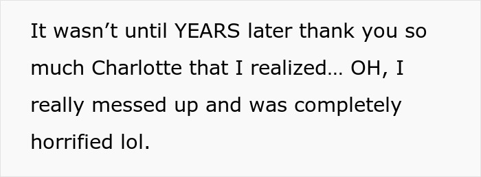 Text revealing the woman's realization years later about her inappropriate wedding attire choice. Text revealing the woman's realization years later about her inappropriate wedding attire choice.