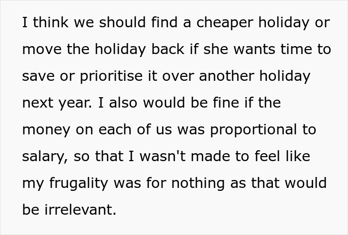 Text suggesting a cheaper or delayed trip to respect the 28YO's frugal life, with proportional financial contributions. Text suggesting a cheaper or delayed trip to respect the 28YO's frugal life, with proportional financial contributions.