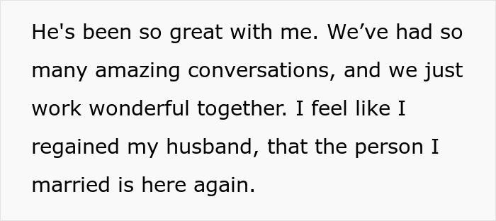 Screenshot of text stating I regained my husband, reflecting the pregnant woman's struggle with husband's grieving. Screenshot of text stating I regained my husband, reflecting the pregnant woman's struggle with husband's grieving.