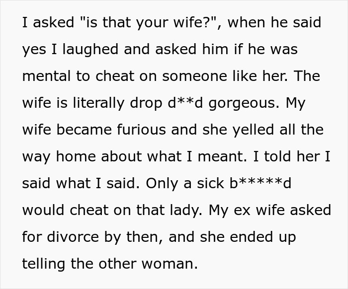 Text describing confrontation about wife's affair partner and her attractiveness Text describing confrontation about wife's affair partner and her attractiveness