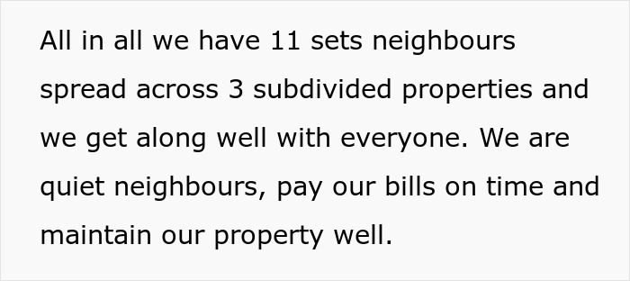 Screenshot of text detailing how the couple are quiet neighbors, but the anxious neighbor keeps complaining. Screenshot of text detailing how the couple are quiet neighbors, but the anxious neighbor keeps complaining.