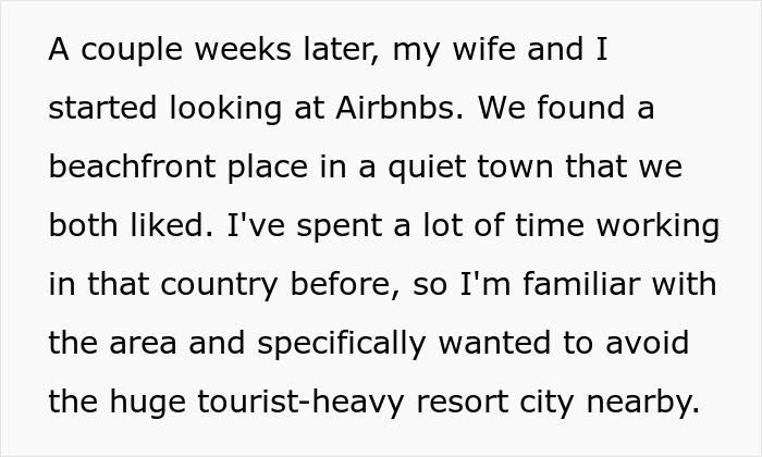Screenshot of text discussing searching for an Airbnb for family vacation plans. Screenshot of text discussing searching for an Airbnb for family vacation plans.