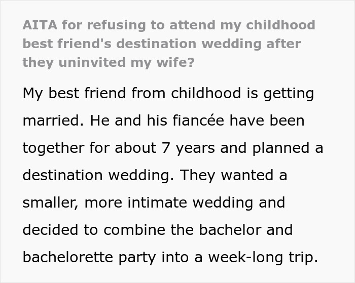Text post about a groom attending a destination wedding after his wife was uninvited. Text post about a groom attending a destination wedding after his wife was uninvited.