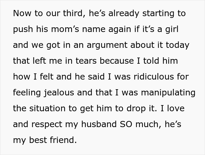 A screenshot of a Reddit post where a wife describes an argument with her husband about honoring his mom and not her.