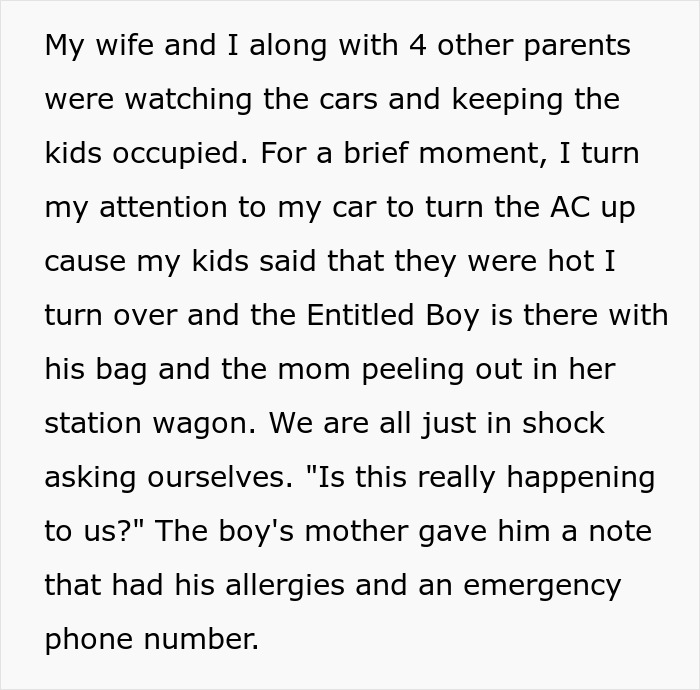 Text snippet detailing the shocking arrival of the bully boy on a beach trip with his mom dumping him on them. Text snippet detailing the shocking arrival of the bully boy on a beach trip with his mom dumping him on them.