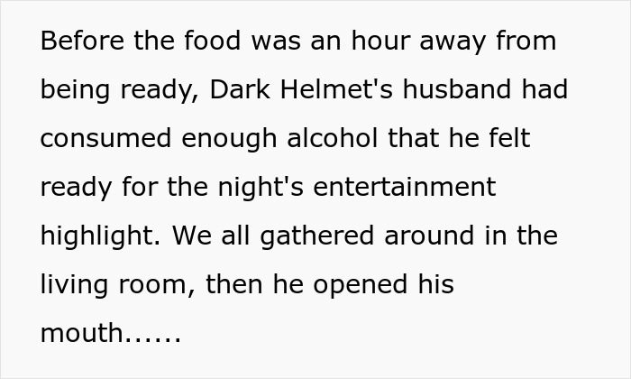 Text about husband drinking before entertainment highlight at gathering Text about husband drinking before entertainment highlight at gathering