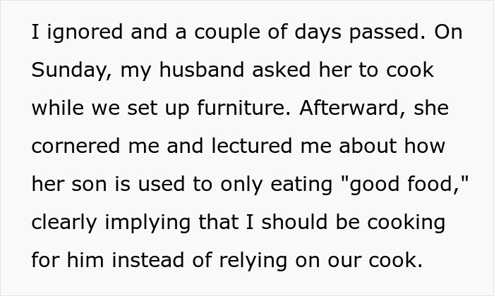 Text about mother-in-law lecturing on cooking and son eating preferences Text about mother-in-law lecturing on cooking and son eating preferences
