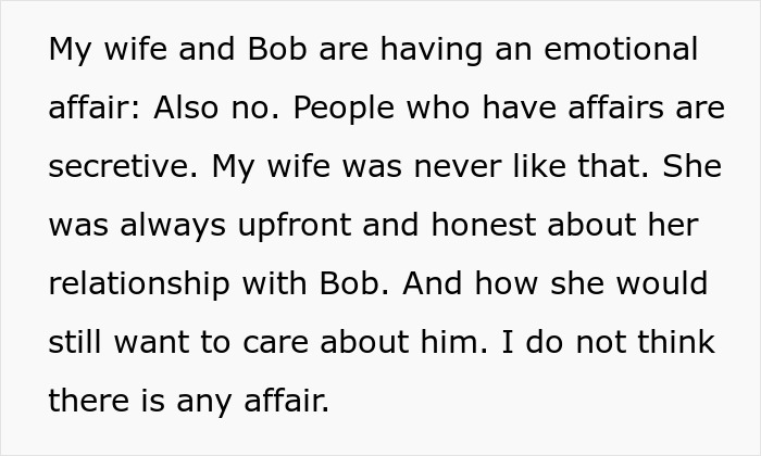 Text stating the ex-wife was upfront about her relationship with Bob, disputing claims of an affair after the accident.