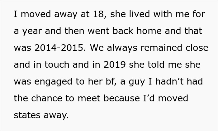 Text detailing how the woman's sister got engaged and her connection to the racist family. Text detailing how the woman's sister got engaged and her connection to the racist family.