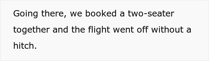 Text excerpt about booking two-seater seats and smooth flight experience Text excerpt about booking two-seater seats and smooth flight experience