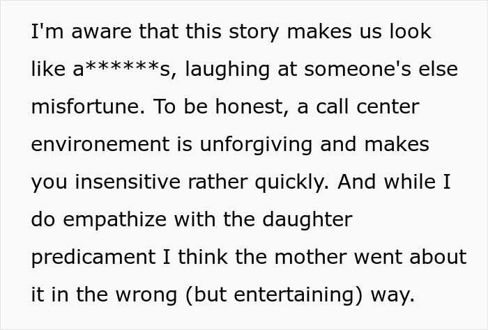 Text excerpt discussing call center stress and entitled mom's behavior Text excerpt discussing call center stress and entitled mom's behavior