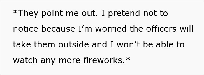 Text reads: *They point me out. I pretend not to notice because I&rsquo;m worried the officers will take them outside and I won&rsquo;t be able to watch any more fireworks.* about pregnant woman.