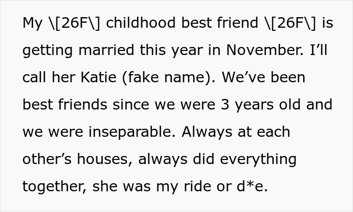 Text explaining a childhood best friend's upcoming wedding and a long-standing friendship, setting the scene for bridesmaid drama.