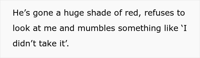 Text reads, He's gone a huge shade of red, refuses to look at me and mumbles something like 'I didn't take it'. The kid steals the hair towel. Text reads, He's gone a huge shade of red, refuses to look at me and mumbles something like 'I didn't take it'. The kid steals the hair towel.
