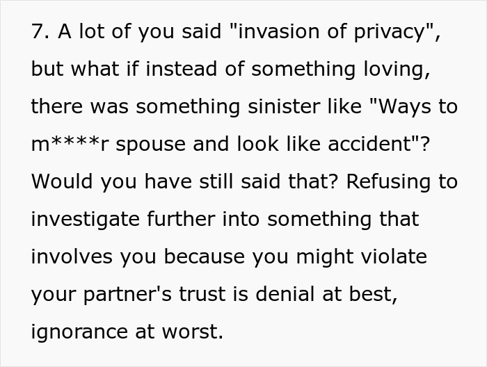 Husband living a double life - text discussing privacy vs. investigating sinister findings in partner's things.