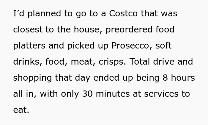 A screenshot of text detailing an 8-hour shopping trip for a bachelorette party, including Costco food and prosecco. A screenshot of text detailing an 8-hour shopping trip for a bachelorette party, including Costco food and prosecco.
