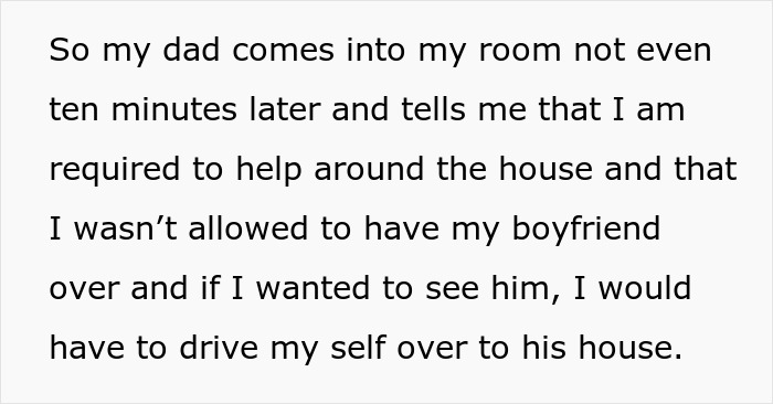 A woman is told to leave home after refusing to follow one rule. A father dictates house rules and dating restrictions to his daughter.