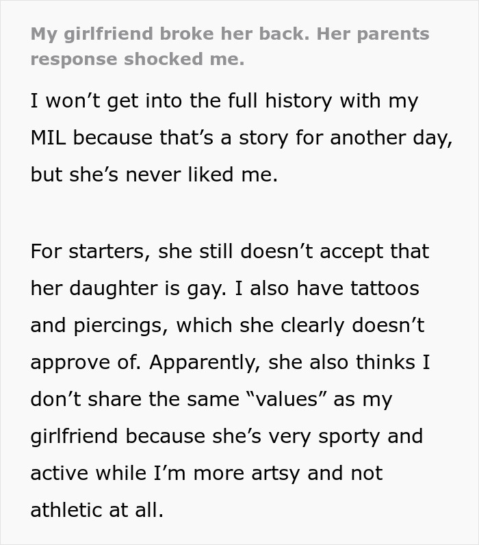 Text about homophobic parents and girlfriend's back injury story