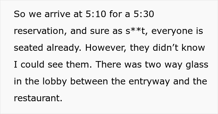 Text about arriving early for a restaurant reservation with two way glass Text about arriving early for a restaurant reservation with two way glass