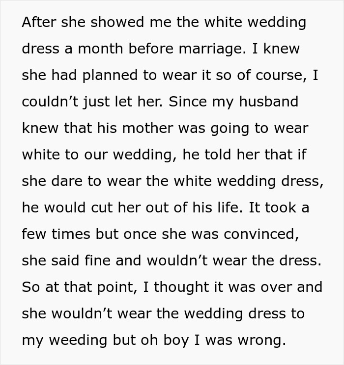 Husband warns MIL about wearing white to son's wedding, threatening to cut her off if she does.