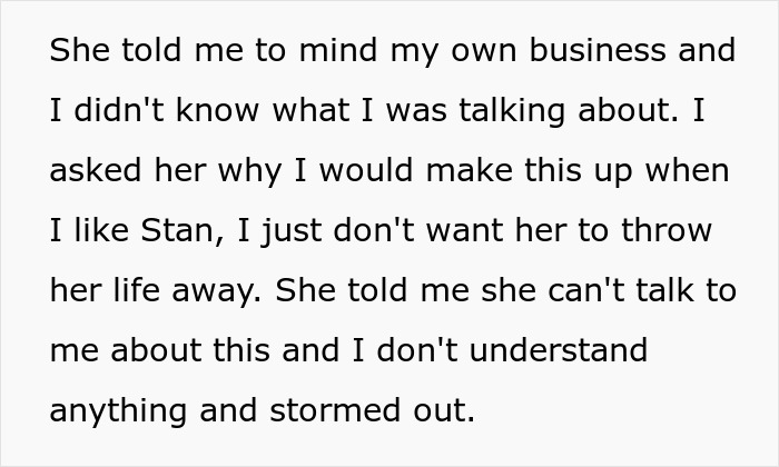 Text about daughter rejecting concerns over fiancé and storming out Text about daughter rejecting concerns over fiancé and storming out