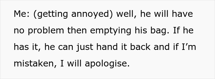 A screenshot of text where the woman suggests the kid empty his bag to prove he didn't steal the hair towel. A screenshot of text where the woman suggests the kid empty his bag to prove he didn't steal the hair towel.
