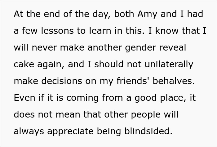 Text reflecting lessons learned from a gender reveal cake incident Text reflecting lessons learned from a gender reveal cake incident
